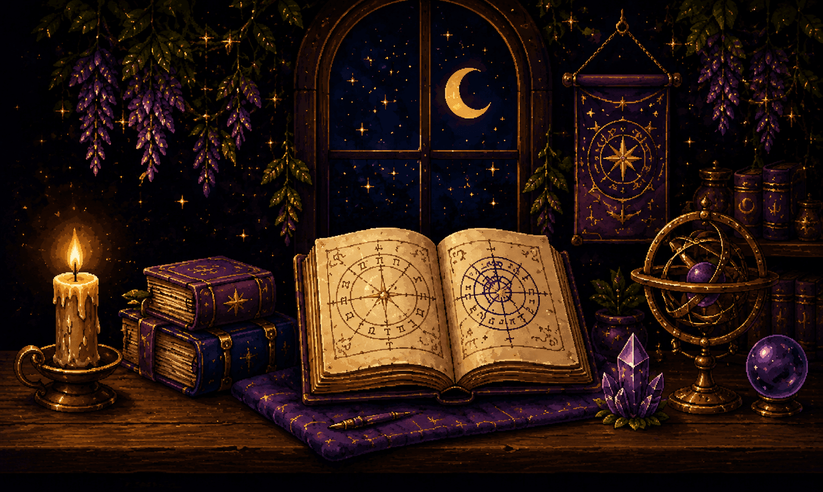 A pixel-art astrologer's desk at night: an open star atlas covered in chart wheels resting on a purple velvet cushion, a lit candle, stacks of spellbooks, a brass armillary sphere, amethyst crystals and a crystal ball, with wisteria hanging around an arched window showing a crescent moon.