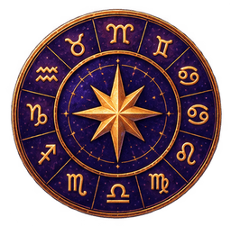 A birth chart wheel on parchment, divided into twelve numbered segments