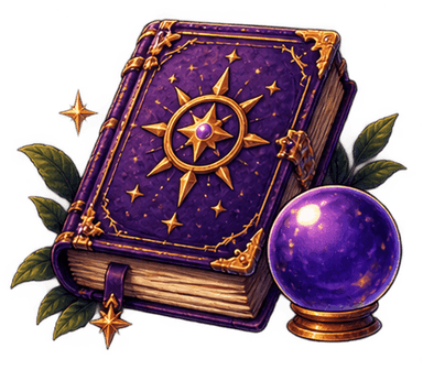 A purple spellbook with a gold star on its cover, beside a crystal ball