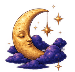 A crescent moon resting on a small cloud
