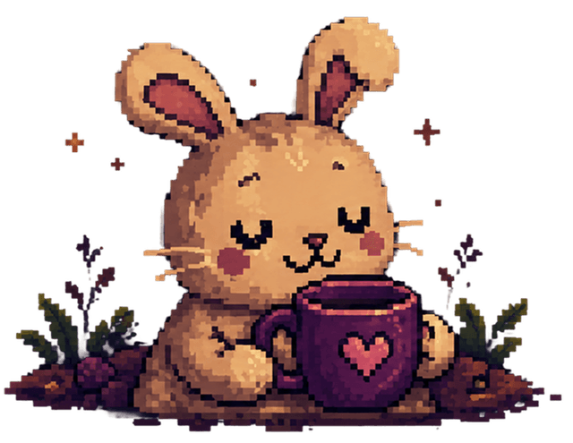 The MoonVille bunny companion sitting behind a purple mug with a heart on it, among leaves and berries
