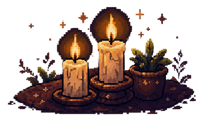 Two lit candles on holders beside a small potted plant, on dark earth