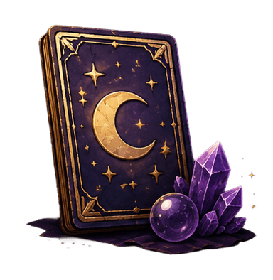 A fanned tarot deck with a crescent moon card and a small purple octopus