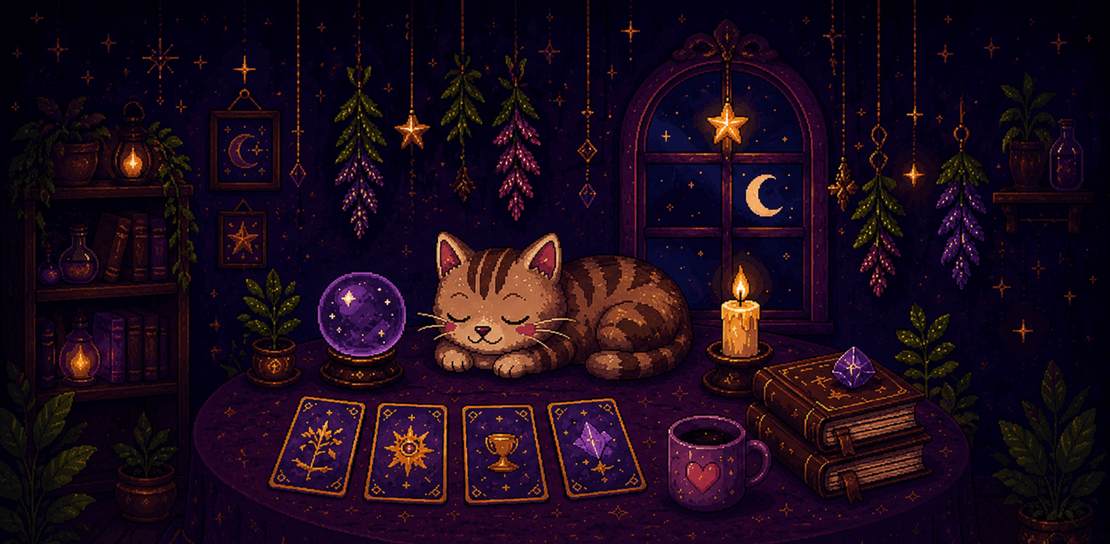 A cozy pixel-art reading room at night: a tabby cat asleep on a round table beside a glowing purple crystal ball, a lit candle, four tarot cards laid face up, a heart-patterned mug and a stack of spellbooks. A shelf of potion bottles and lanterns stands to one side, dried flowers hang from the ceiling, and a crescent moon shows through the arched window.