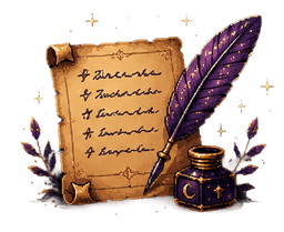 A handwritten scroll beside a purple quill pen and an inkpot