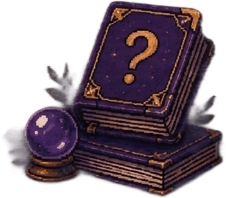 An open spellbook with a question mark glowing above it