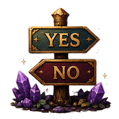 A wooden signpost pointing to YES and NO, surrounded by crystals
