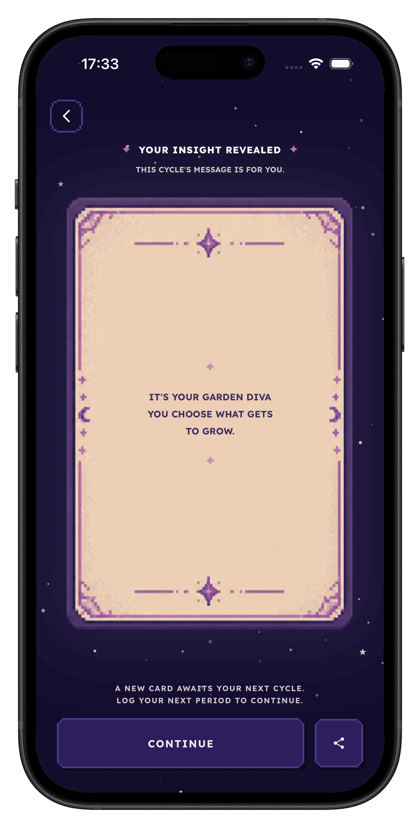 A MoonVille Period Insight Card revealed for the current cycle, with a short personal message