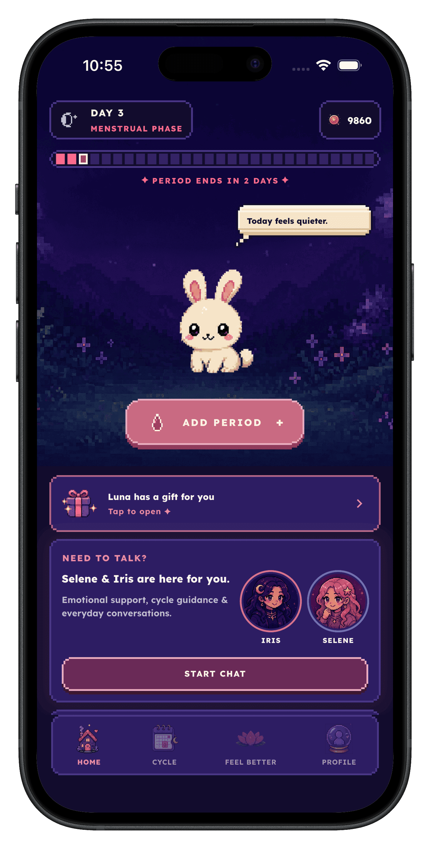 MoonVille home screen on cycle day 3 of the menstrual phase, with a pixel-art rabbit companion, an Add Period button, and a prompt to chat with Selene and Iris