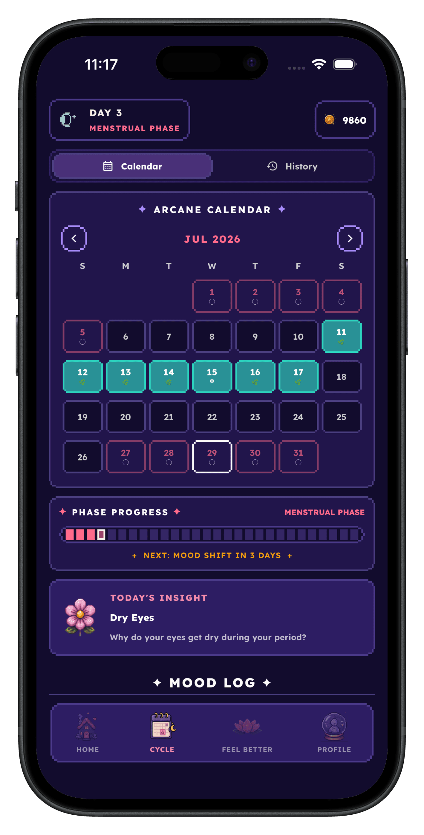 The MoonVille cycle calendar showing logged period days, phase progress through the menstrual phase, and today's insight card