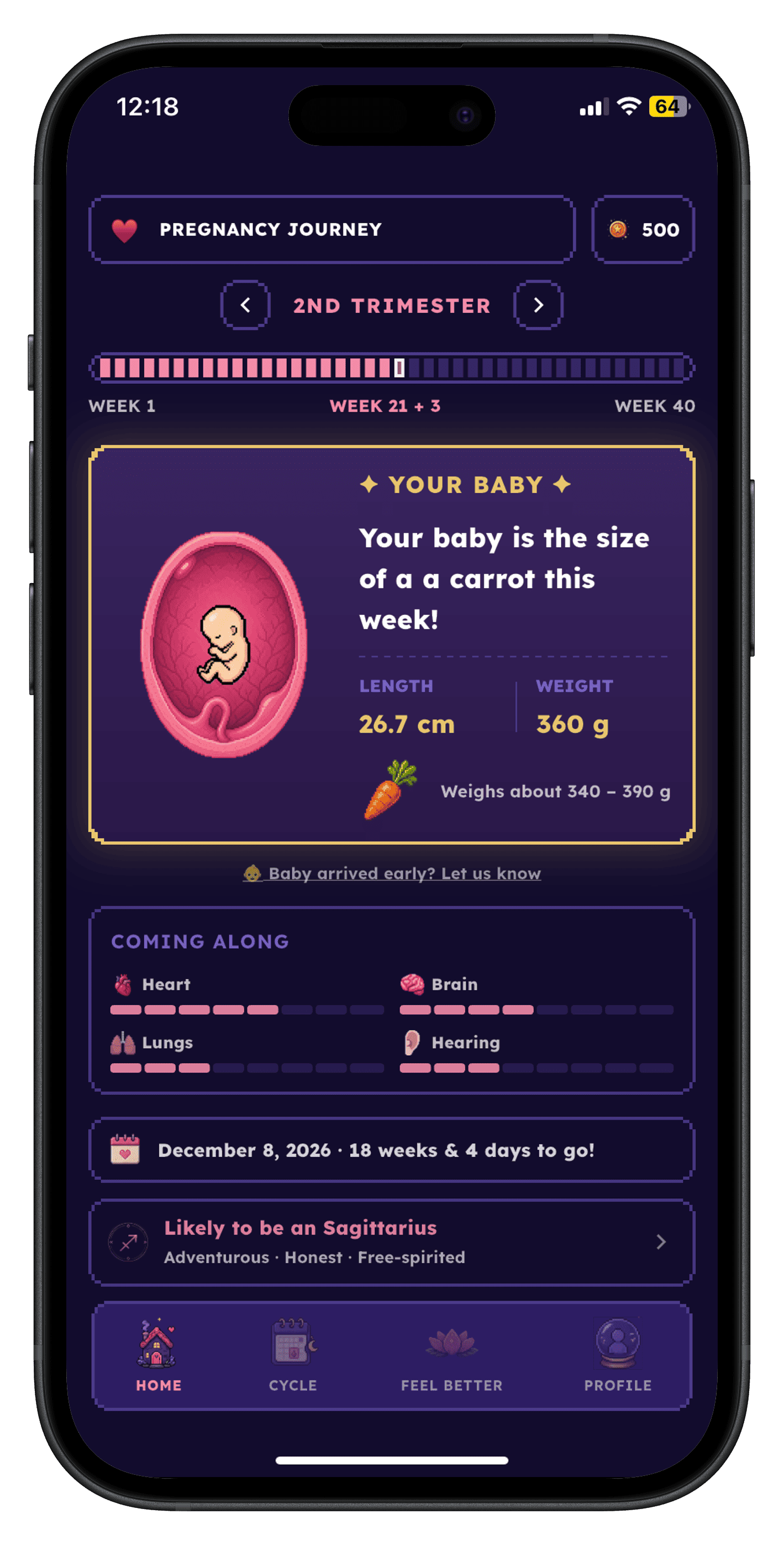 MoonVille pregnancy tracking at week 21 of the second trimester, showing baby size, organ development and the due date
