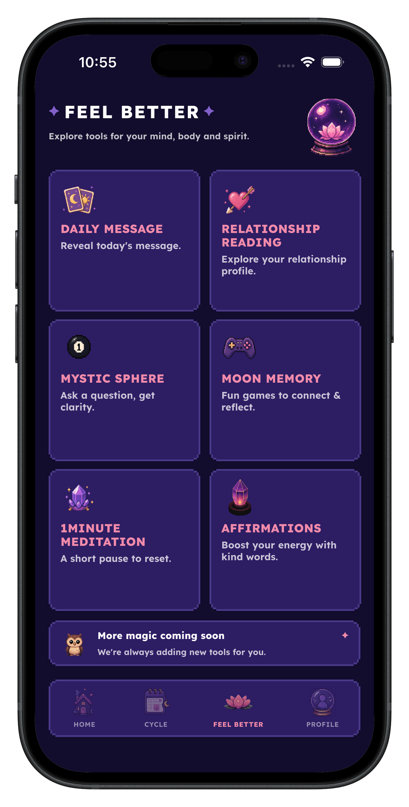 The MoonVille Feel Better screen with daily messages, relationship readings, the Mystic Sphere, mini games, meditation and affirmations